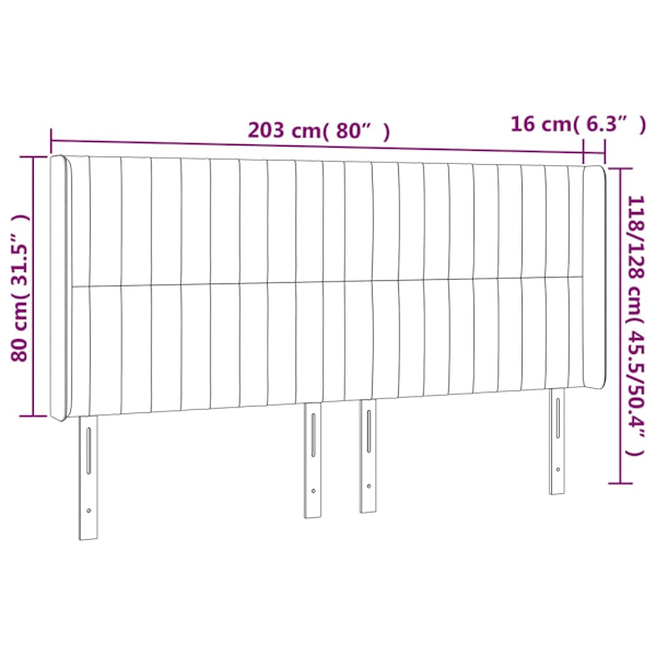 vidaXL Sänggavel LED ljusgrå 203x16x118/128 cm tyg Grå