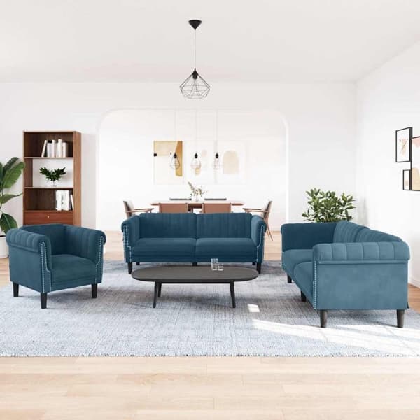 vidaXL Soffgrupp 3 delar blå sammet Blå