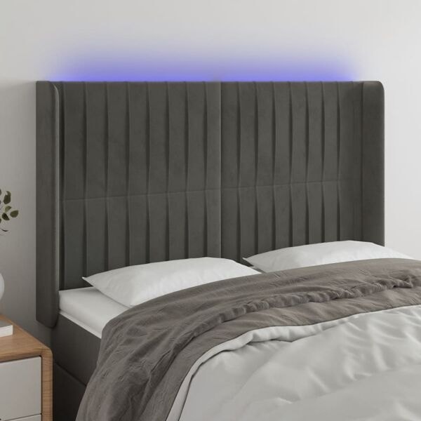 vidaXL Sänggavel LED mörkgrå 147x16x118/128 cm sammet Grå