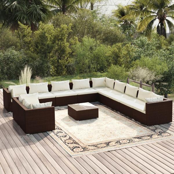 vidaXL Loungegrupp för trädgården m. dynor 12 delar brun konstro Brun