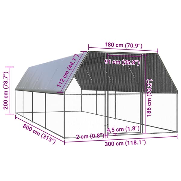 vidaXL Hönsbur för utomhusbruk 3x8x2 m galvaniserat stål Silver