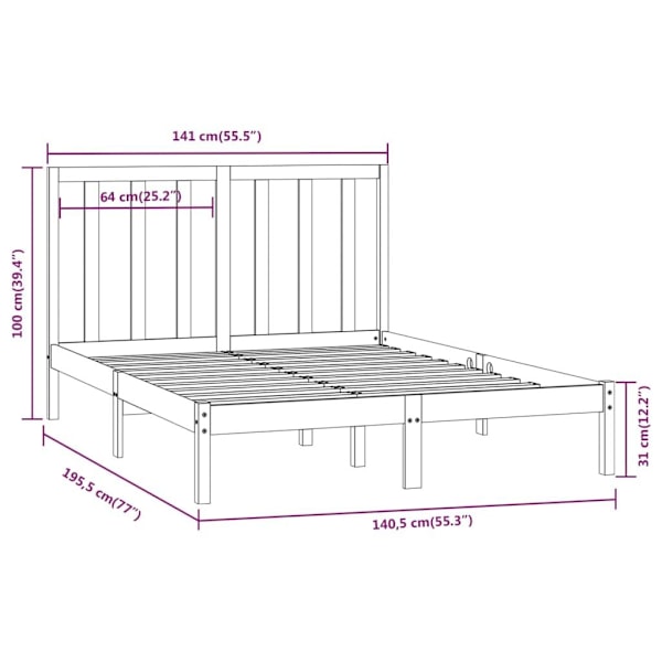 vidaXL Sängram massiv furu 135x190 cm Brun