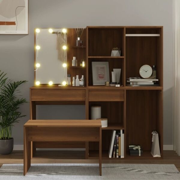vidaXL Sminkbord LED brun ek konstruerat trä Brun