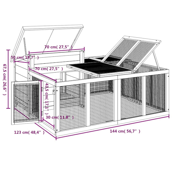 vidaXL Kaninbur grå 144x123x67,5 cm massiv furu Grå
