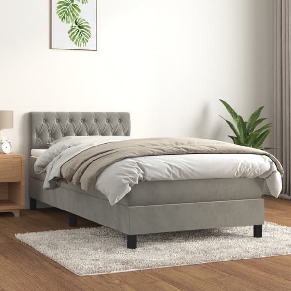 vidaXL Ramsäng med madrass ljusgrå 90x190 cm sammet Grå