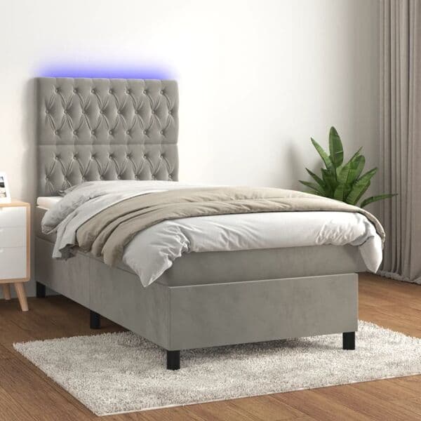 vidaXL Ramsäng med madrass & LED ljusgrå 90x190 cm sammet Grå