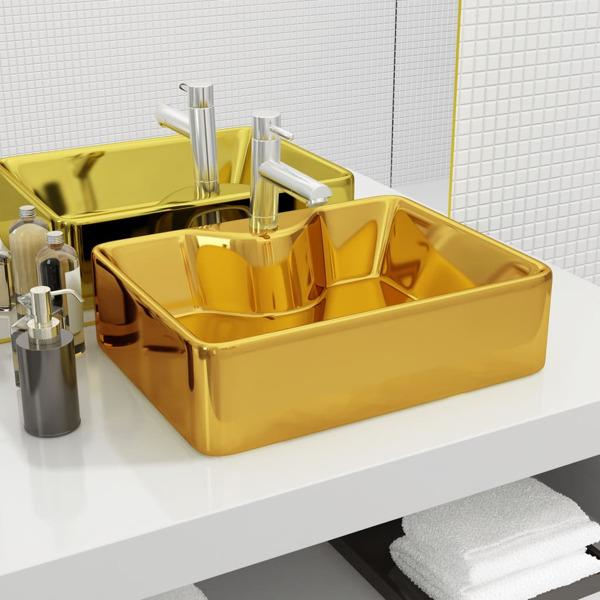 vidaXL Handfat med kranhål 48x37x13,5 cm keramik guld Guld