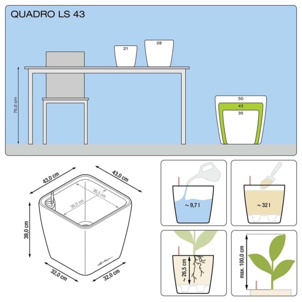 LECHUZA Blomkruka QUADRO LS 43 ALL-IN-ONE kolgrå 16183 grå