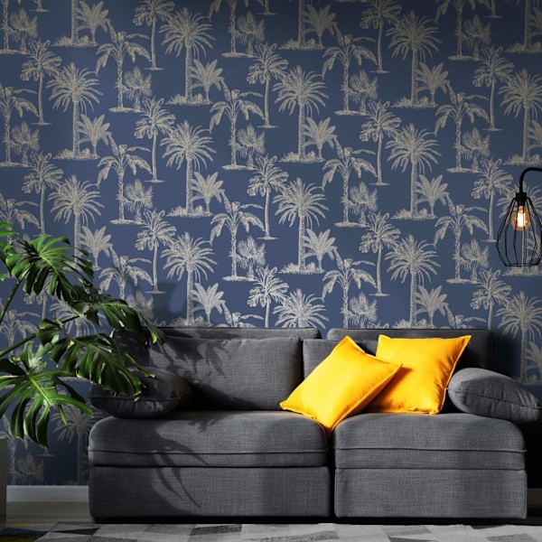 DUTCH WALLCOVERINGS Tapet tropiska träd marinblå och silver multifärg
