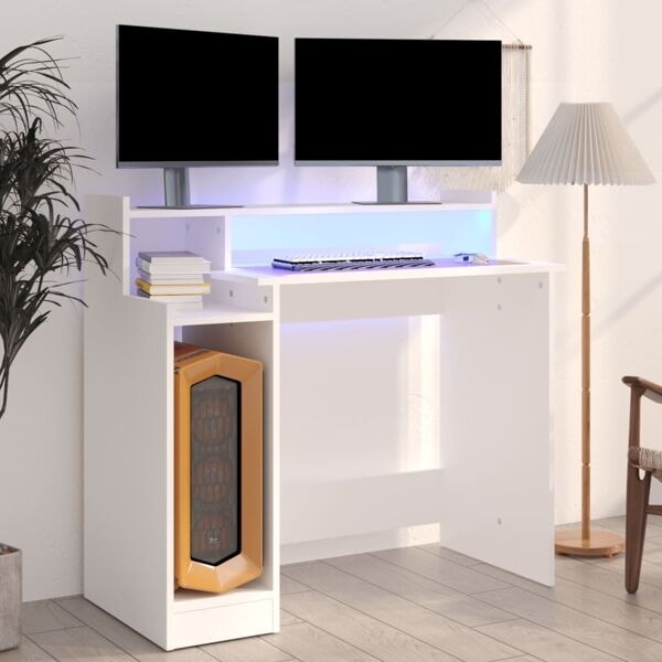 vidaXL Skrivbord med LED vit 97x45x90 cm konstruerat trä Vit