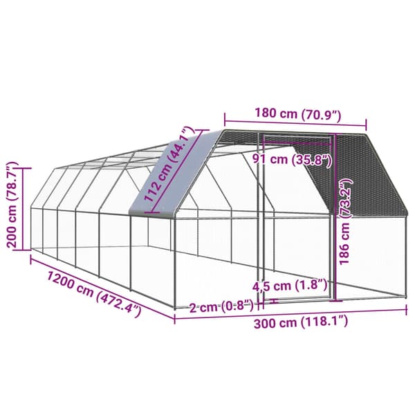 vidaXL Hönsbur för utomhusbruk 3x12x2 m galvaniserat stål Silver