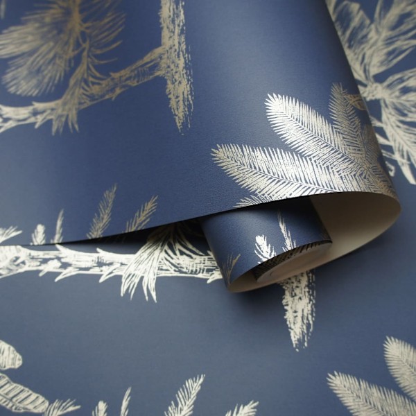 DUTCH WALLCOVERINGS Tapet tropiska träd marinblå och silver multifärg