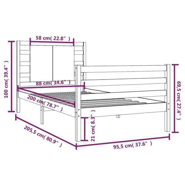 vidaXL Sängram vit massiv furu 90x200 cm Vit