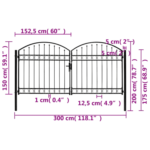 vidaXL Dubbelgrind med välvd topp 300x150 cm stål svart Svart