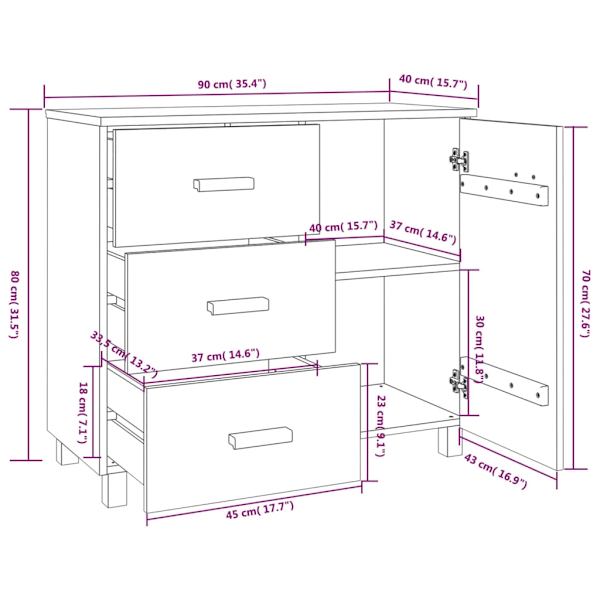 vidaXL Skänk HAMAR ljusgrå 90x40x80 cm massiv furu grå
