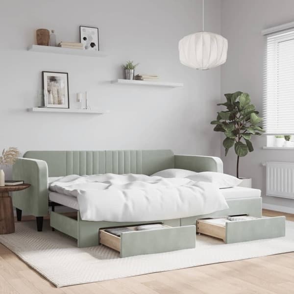 vidaXL Dagbädd utdragbar med lådor ljusgrå 90x200 cm sammet Grå