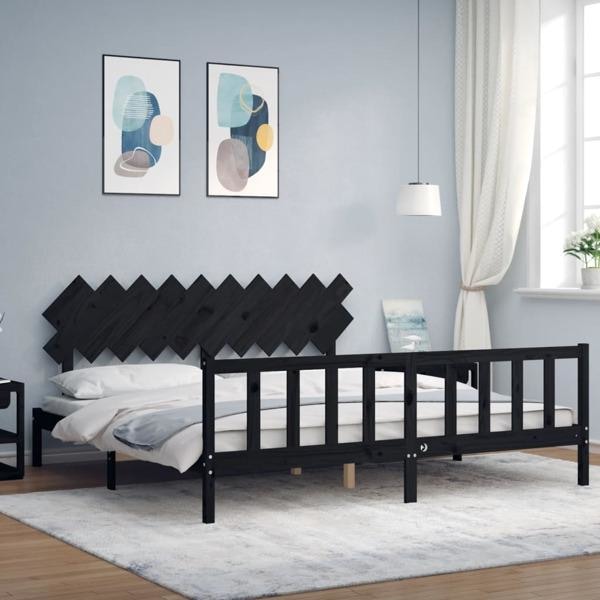vidaXL Sängram med huvudgavel svart 200x200 cm massivt trä Svart