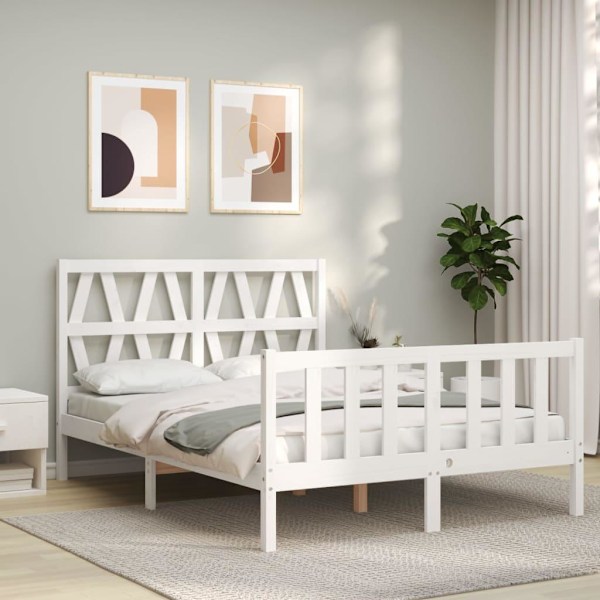 vidaXL Sängram med huvudgavel vit 140x190 cm massivt trä Vit