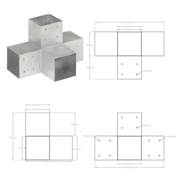 vidaXL Stolpbeslag 4 st X-form galvaniserad metall 101x101 mm Silver