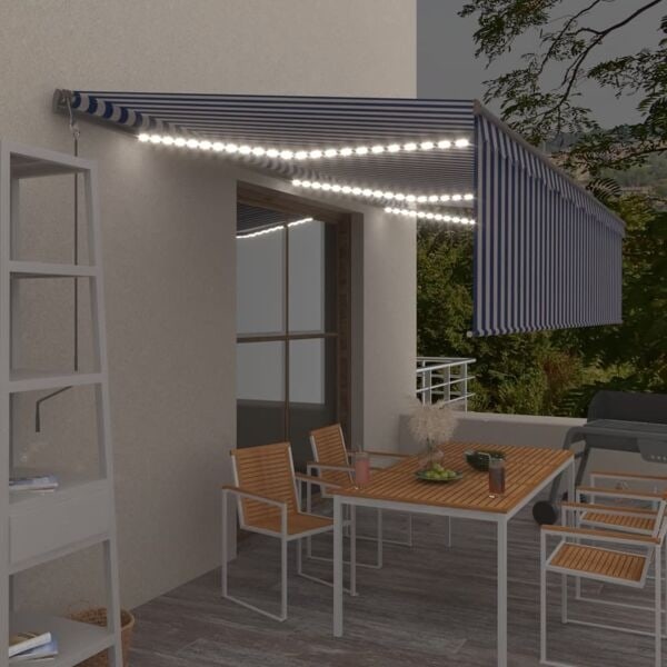 vidaXL Automatisk markis med rullgardin vindsensor LED 6x3 m blå/vit Blå