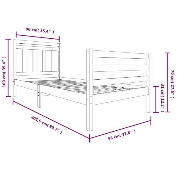 vidaXL Sängram svart massivt trä 90x200 cm Svart