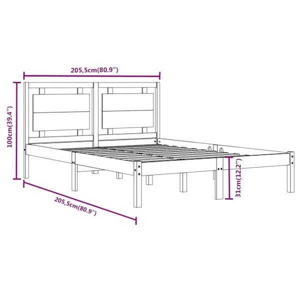 vidaXL Sängram grå massivt trä 200x200 cm Grå