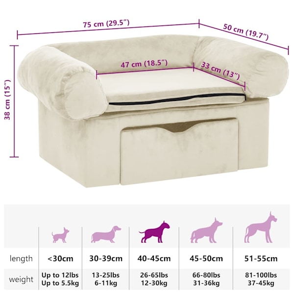 vidaXL Hundsoffa med låda Gräddvit 75x50x38 cm plysch Creme