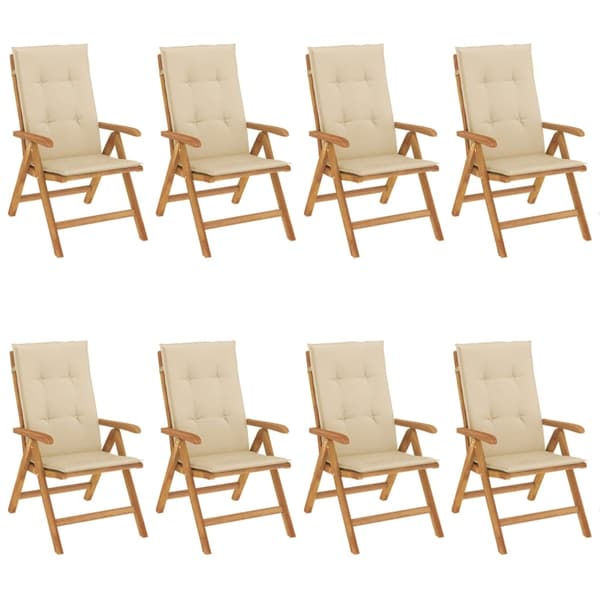 vidaXL Fällbara fåtöljer med dynor, 8 st, massivt trä, teak Brun
