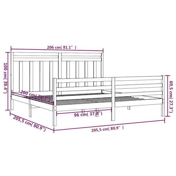 vidaXL Sängram grå massivt trä 200x200 cm Grå