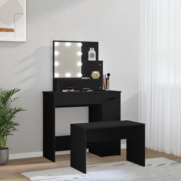 vidaXL Sminkbord med spegel LED svart konstruerat trä Svart