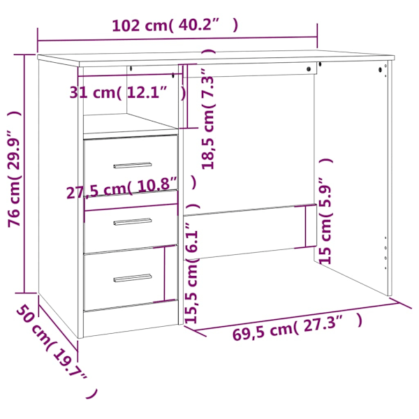 vidaXL Skrivbord med lådor vit 102x50x76 cm konstruerat trä Vit