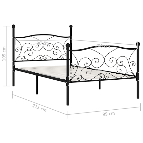 vidaXL Sängram utan madrass med ribbotten svart metall 90x200 cm Svart