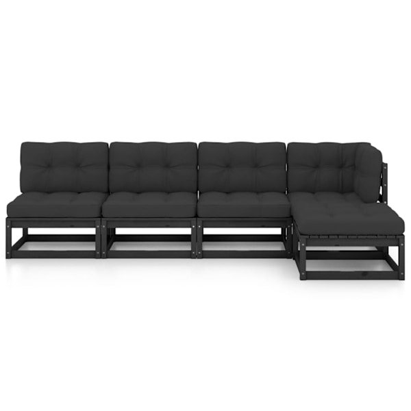 vidaXL Loungegrupp med dynor 5 delar massiv furu Svart