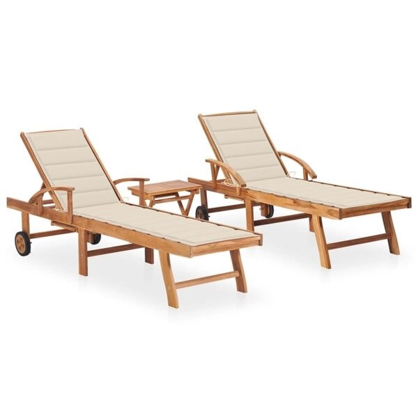 vidaXL Solsäng 2 st med bord och dyna massiv teak Creme