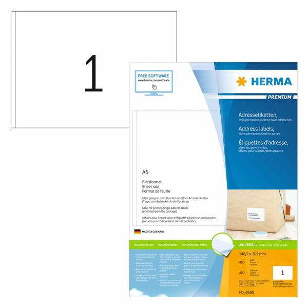HERMA Permanenta etiketter PREMIUM A5 148,5x205 mm 400 ark