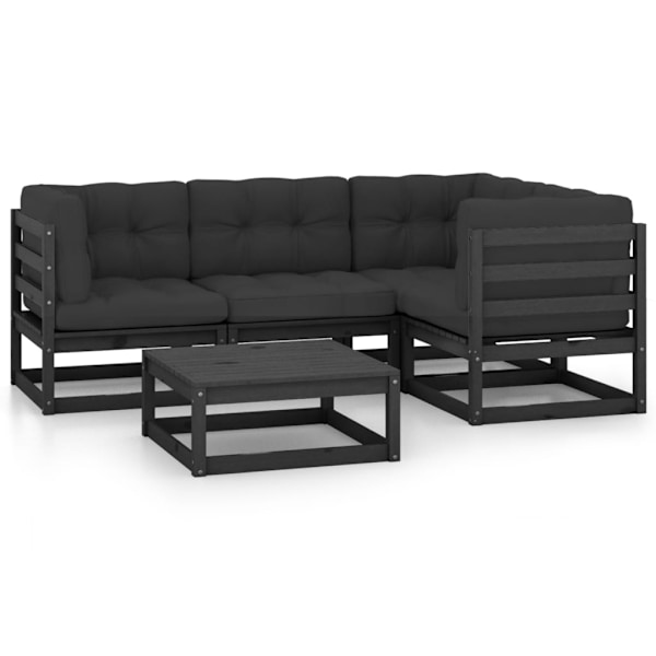 vidaXL Loungegrupp med dynor 5 delar massiv furu Svart