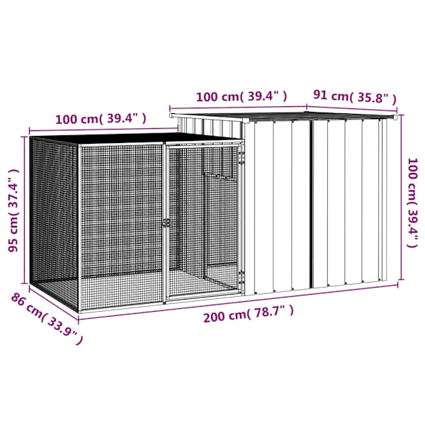 vidaXL Kaninbur antracit 200x91x100 cm galvaniserat stål Antracit