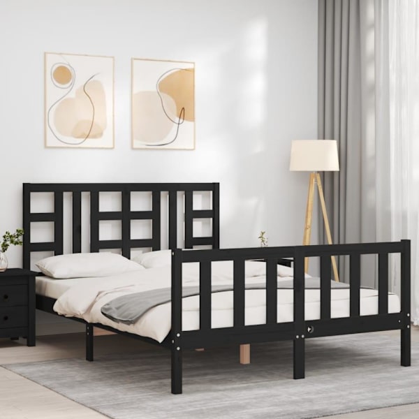 vidaXL Sängram med huvudgavel svart 160x200 cm massiv furu Svart