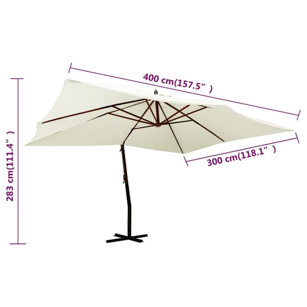 vidaXL Frihängande trädgårdsparasoll med trästång 400x300 cm sandvit Vit