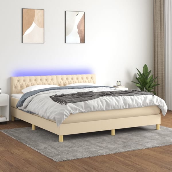 vidaXL Ramsäng med madrass & LED gräddvit 180x200 cm tyg Kräm