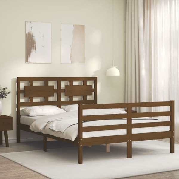 vidaXL Sängram med huvudgavel honungsbrun 140x200 cm massivt trä Brun
