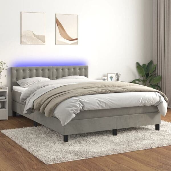 vidaXL Ramsäng med madrass & LED ljusgrå 140x190 cm sammet Grå