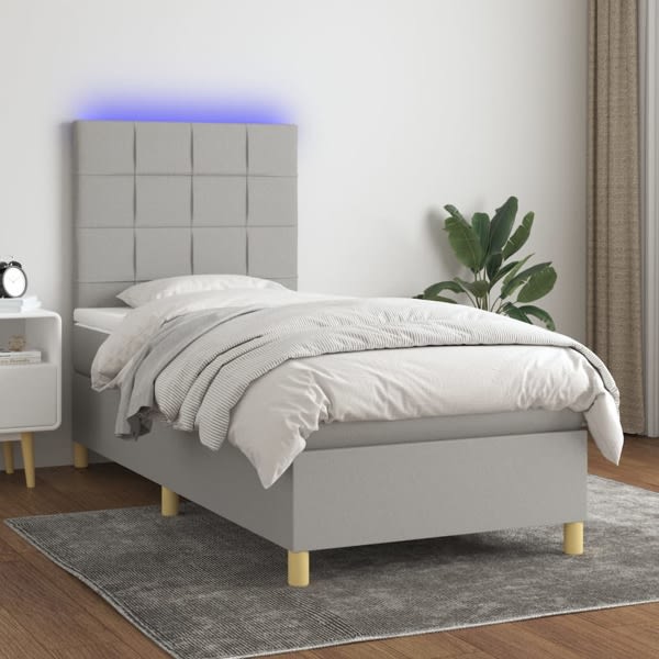 vidaXL Ramsäng med madrass & LED ljusgrå 90x200 cm tyg Grå