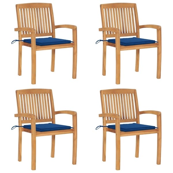 vidaXL Stapelbara trädgårdsstolar med dynor 4 st massiv teak Blå