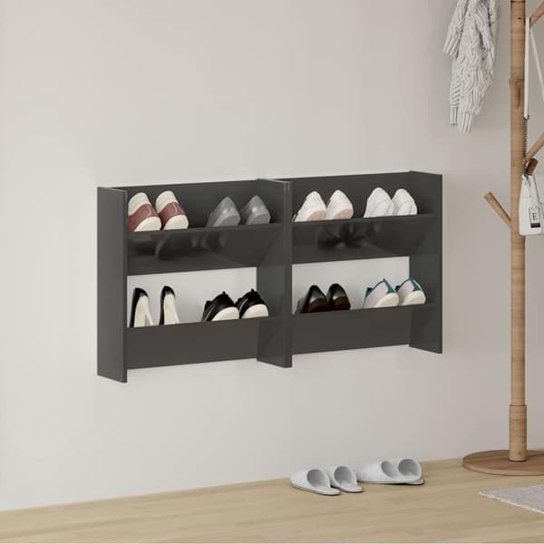 vidaXL Väggmonterat skoställ 2 st grå högglans 60x18x60 cm konstr trä grå