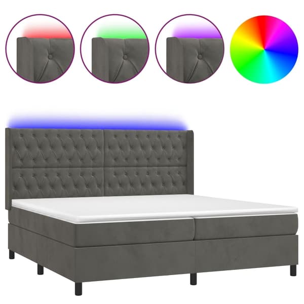 vidaXL Ramsäng med madrass & LED mörkgrå 200x200 cm sammet Grå