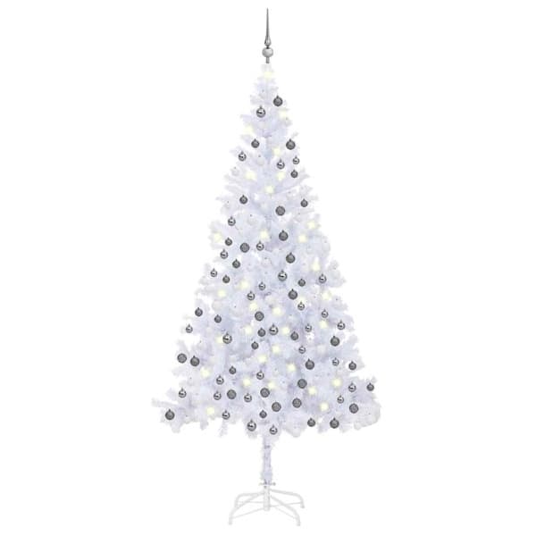 vidaXL Belyst plastgran med kulor 210 cm 910 grenar Vit
