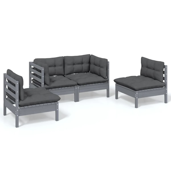 vidaXL Loungegrupp med dynor 4 delar massiv furu grå