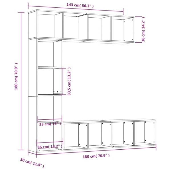 vidaXL Bokhylla/TV-bänk 3 delar set Brun ek 180x30x180 cm Brun