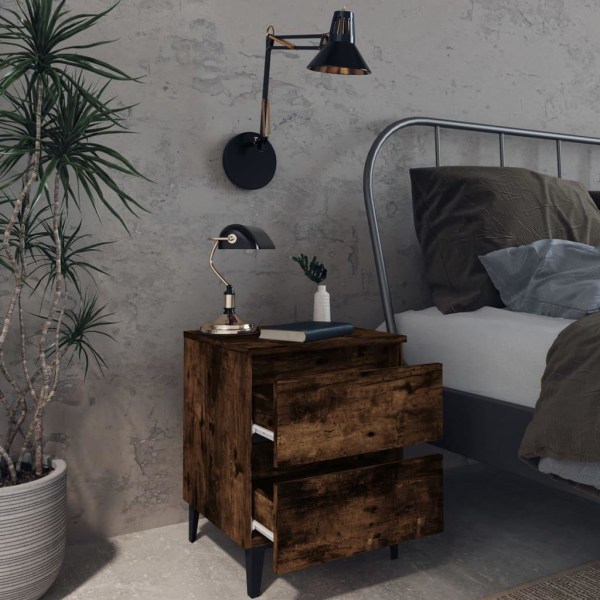 vidaXL Sängbord med ben i metall rökfärgad ek 40x35x50 cm Brun